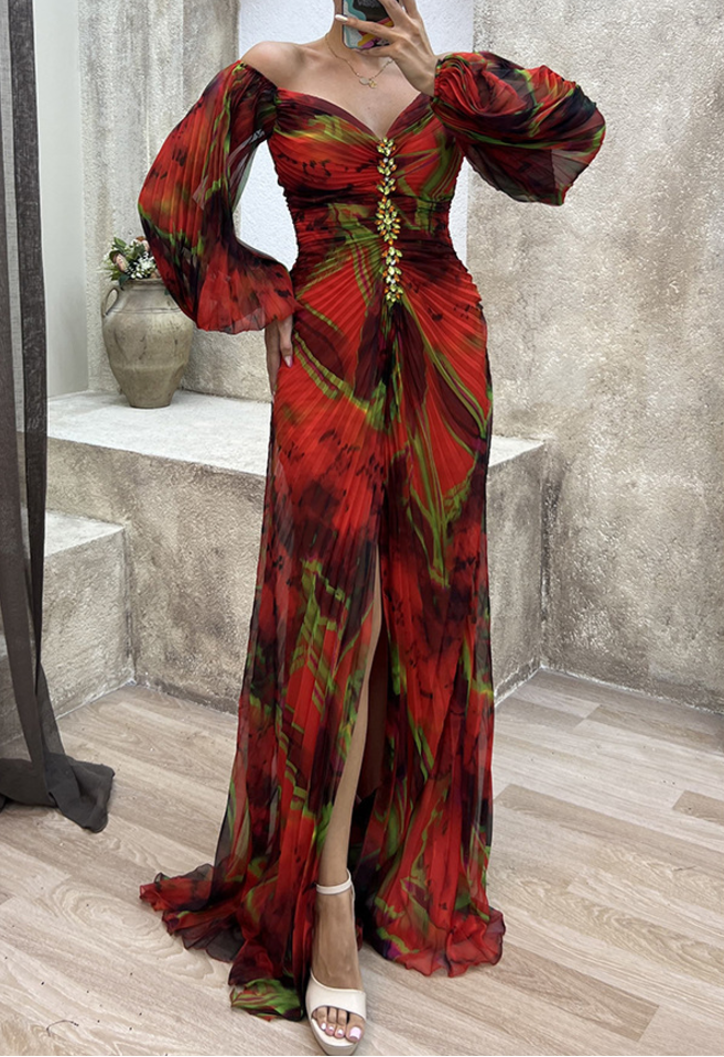 Linda | Wedding guest Maxi Dress with V Neck and Long Sleeves