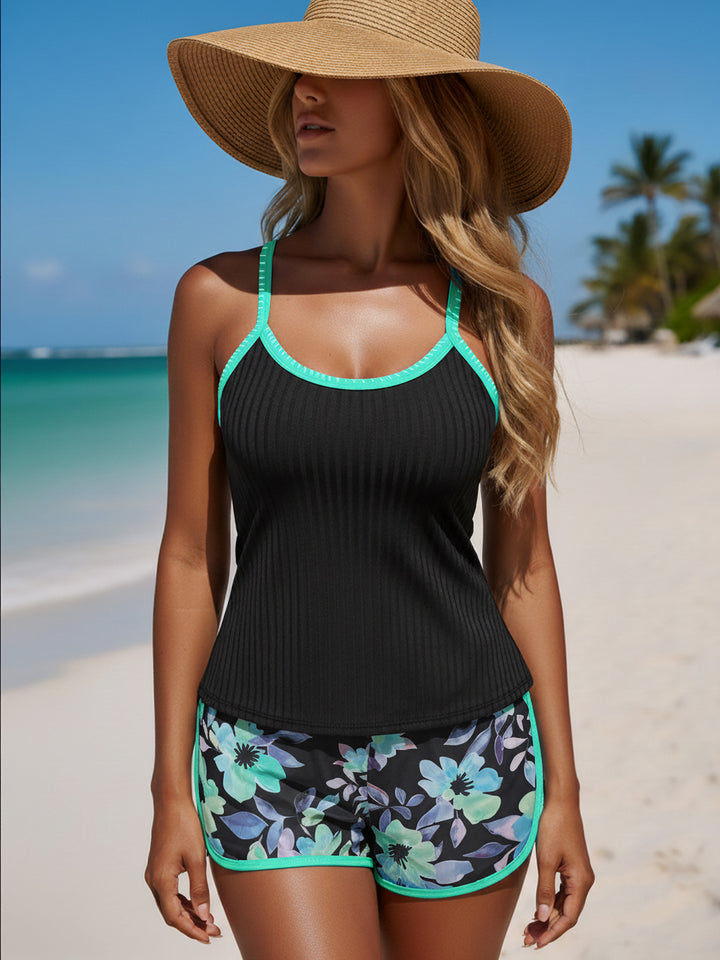 Marjorie | Tankini Swimsuit Set with Floral Shorts and Adjustable Straps