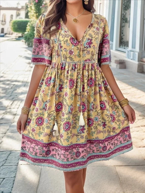 Felicia | Boho Floral Mini Dress with V Neck and Short Sleeves