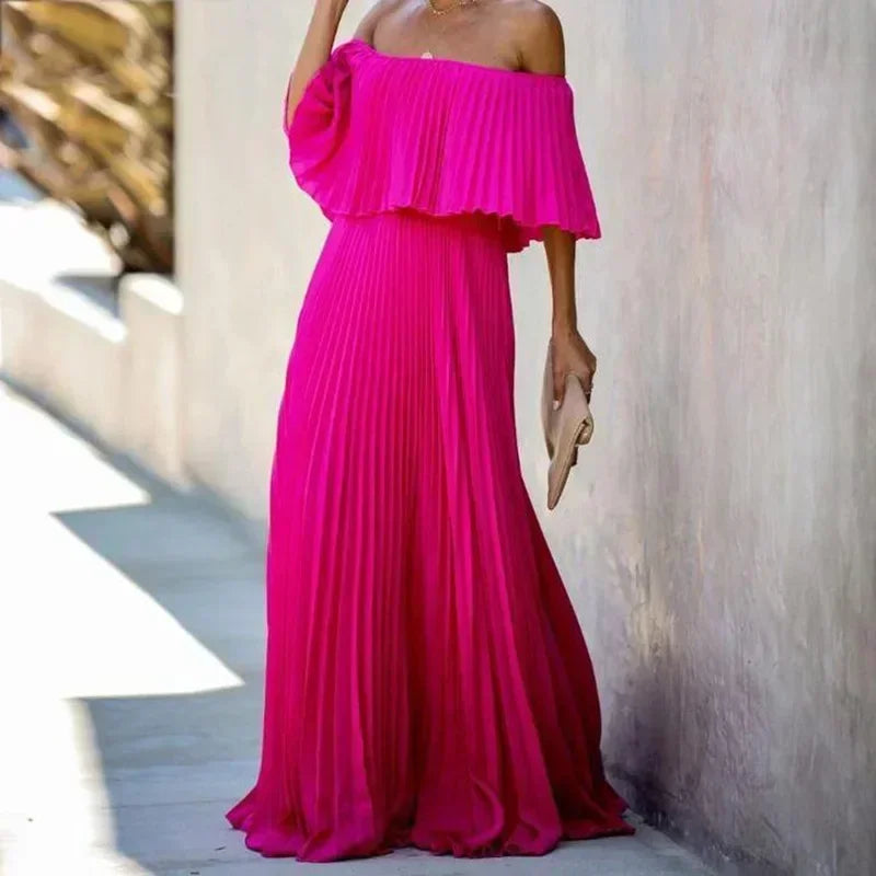 Vera | Wedding guest Maxi Dress with Off-the-shoulder Neckline and Pleated Skirt