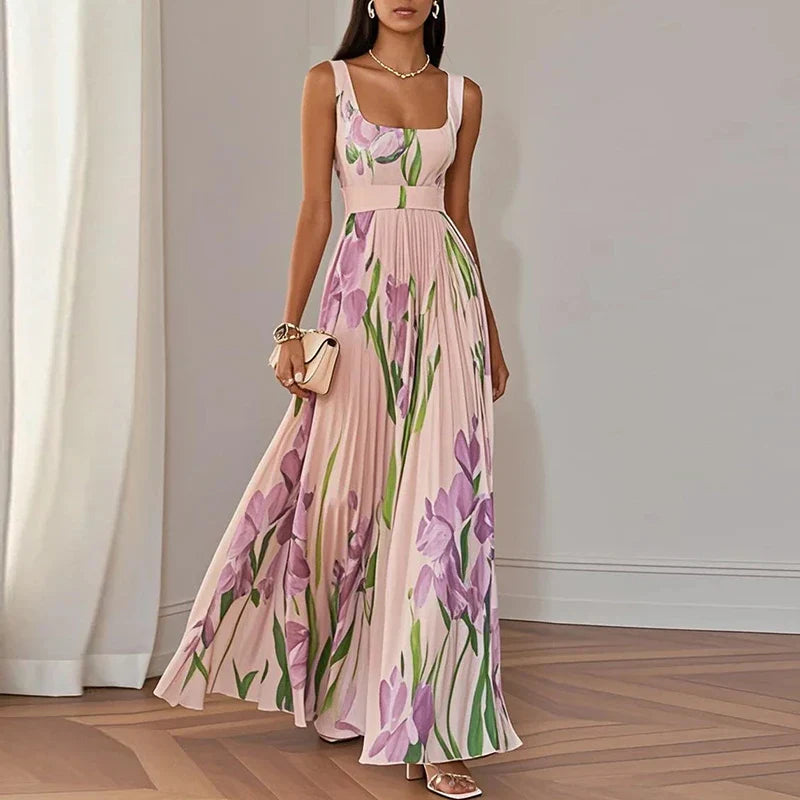 Adelaide | Floral Maxi Dress with Square Neck and Pleated Skirt