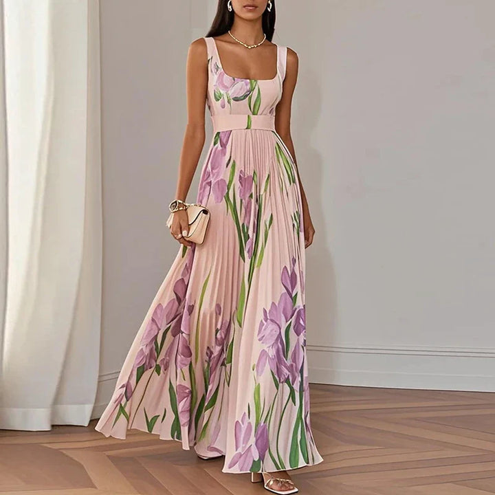 Adelaide | Floral Maxi Dress with Square Neck and Pleated Skirt