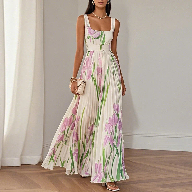Adelaide | Floral Maxi Dress with Square Neck and Pleated Skirt