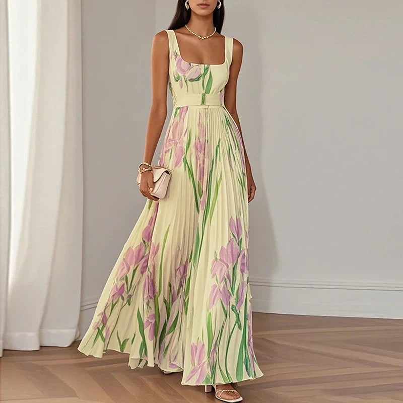 Adelaide | Floral Maxi Dress with Square Neck and Pleated Skirt