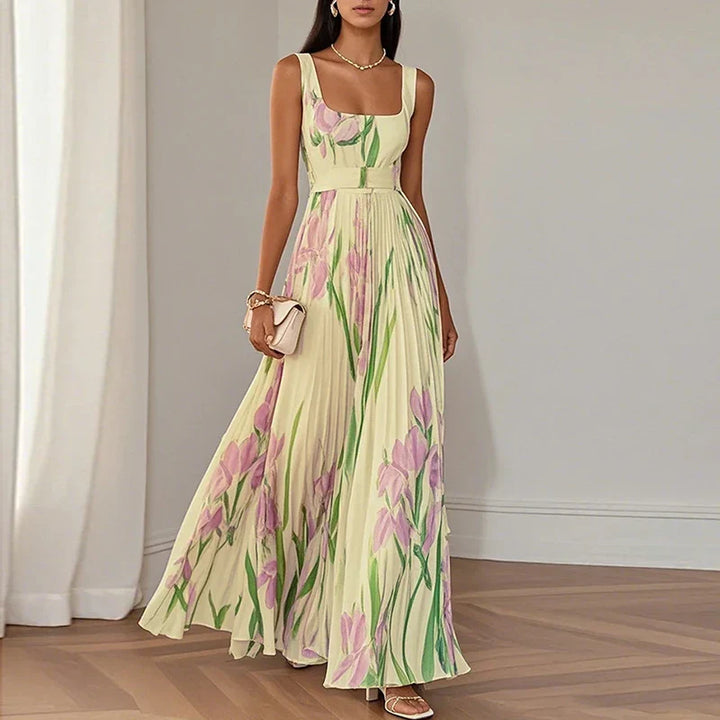Adelaide | Floral Maxi Dress with Square Neck and Pleated Skirt