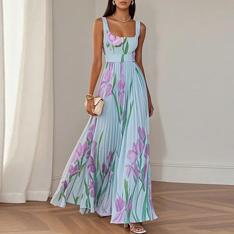 Adelaide | Floral Maxi Dress with Square Neck and Pleated Skirt