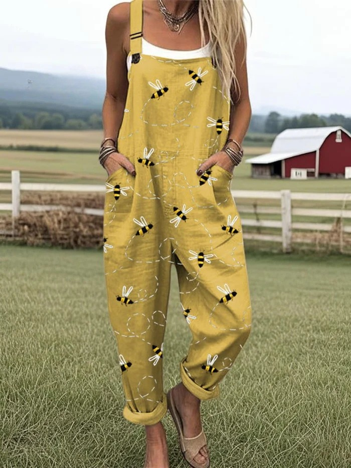 Alice | Bee Print Wide Leg Jumpsuit Overalls with Adjustable Straps
