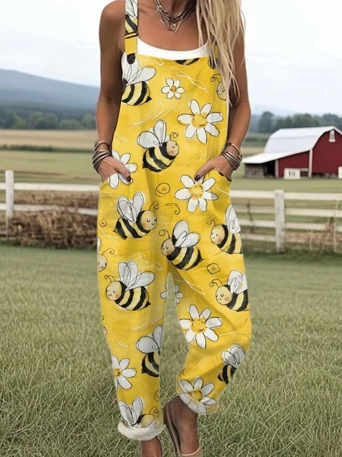 Alice | Bee Print Wide Leg Jumpsuit Overalls with Adjustable Straps