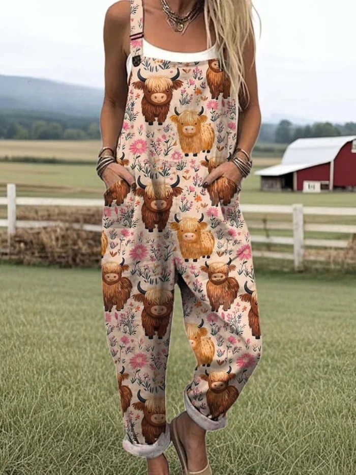 Alice | Bee Print Wide Leg Jumpsuit Overalls with Adjustable Straps