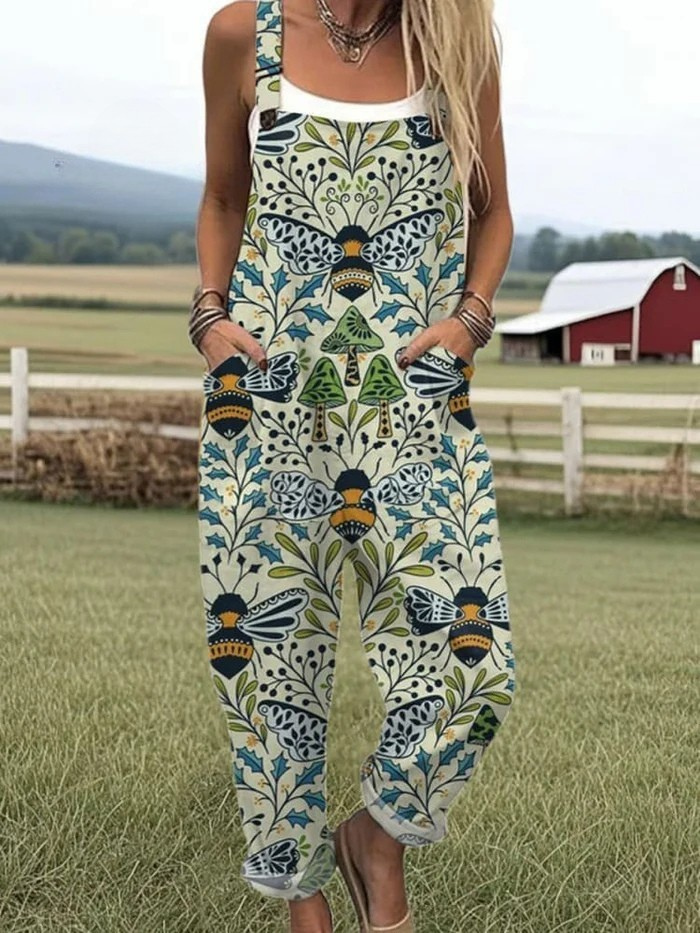 Alice | Bee Print Wide Leg Jumpsuit Overalls with Adjustable Straps