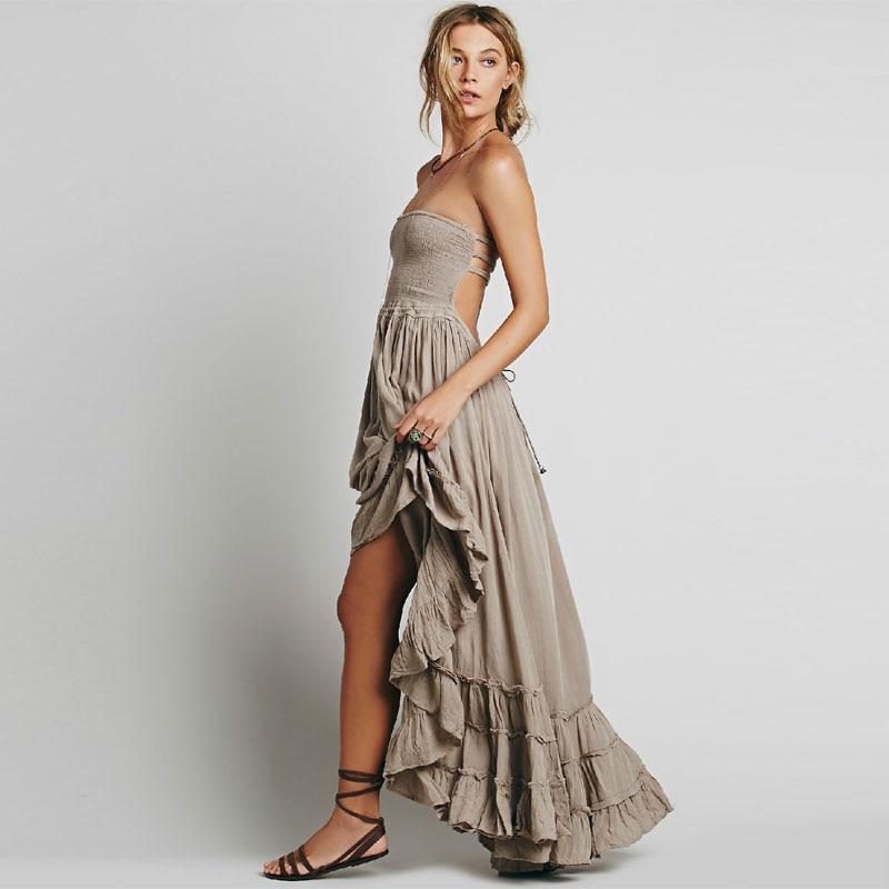 Audrey | Boho Halter Maxi Dress with Backless Design and Cascading Ruffle Skirt