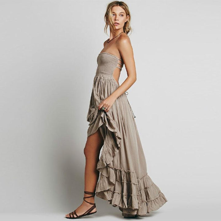 Audrey | Boho Halter Maxi Dress with Backless Design and Cascading Ruffle Skirt