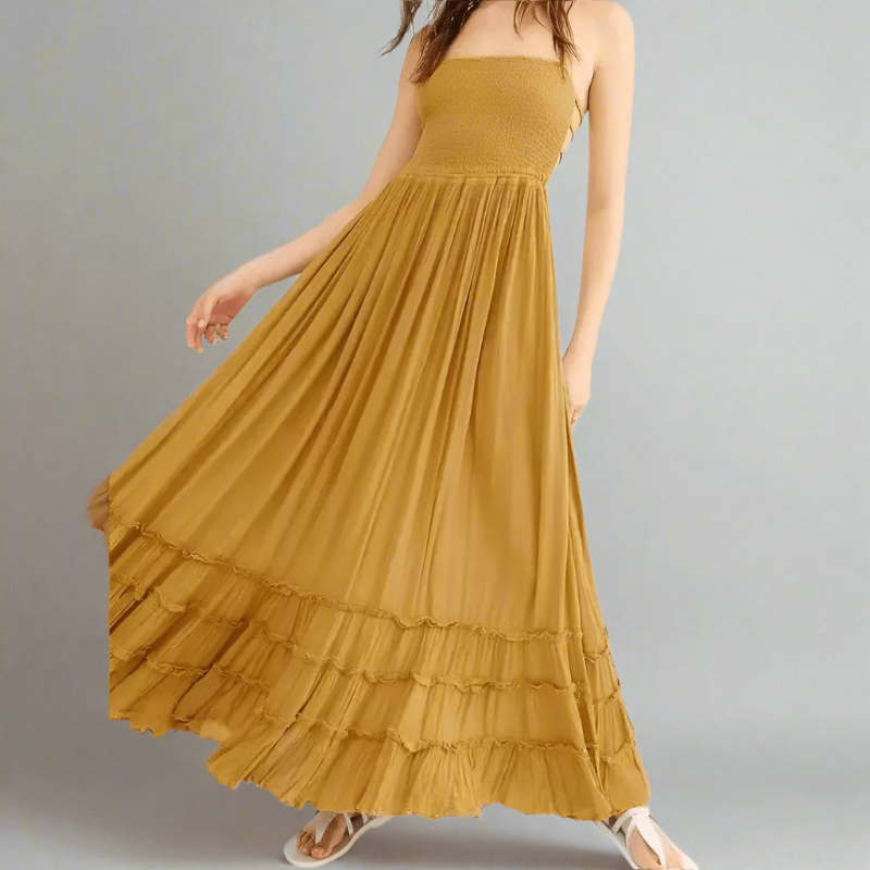 Audrey | Boho Halter Maxi Dress with Backless Design and Cascading Ruffle Skirt