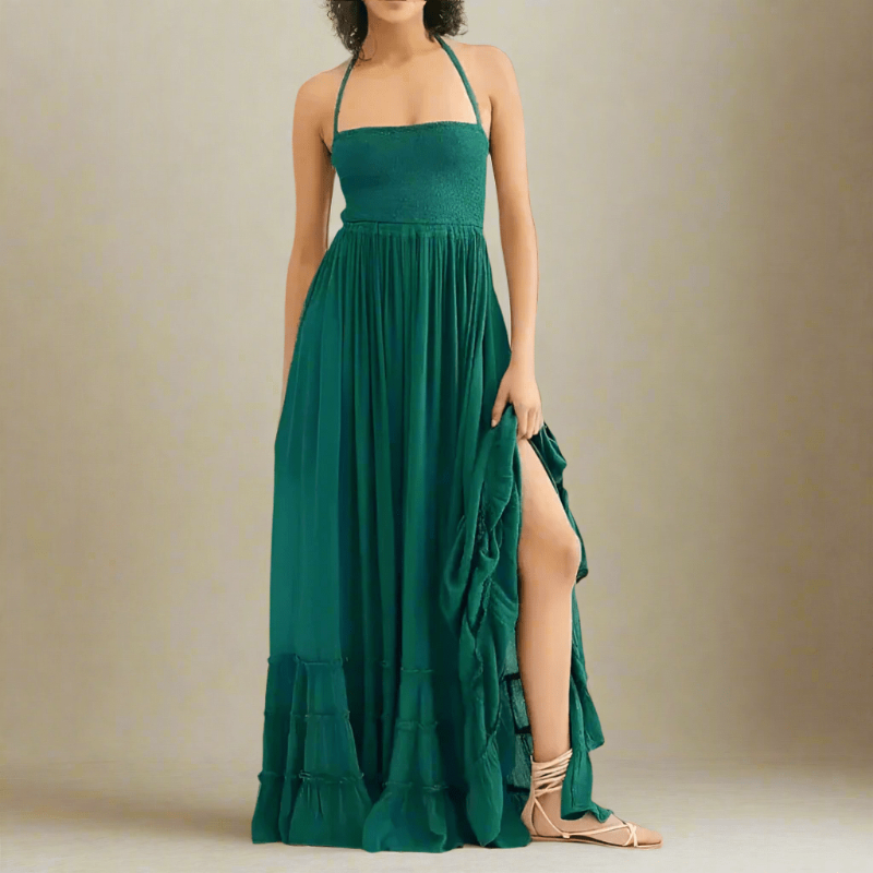 Audrey | Boho Halter Maxi Dress with Backless Design and Cascading Ruffle Skirt