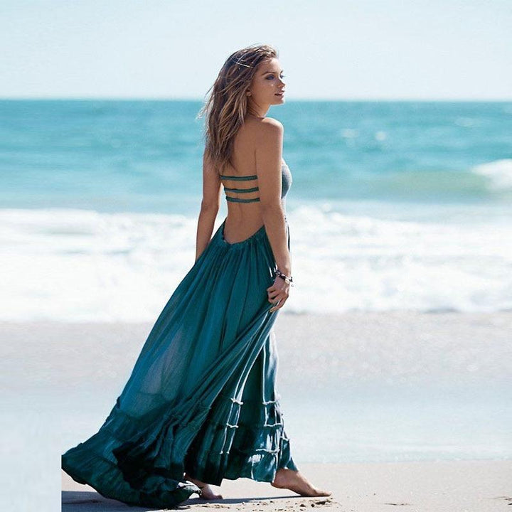Audrey | Boho Halter Maxi Dress with Backless Design and Cascading Ruffle Skirt
