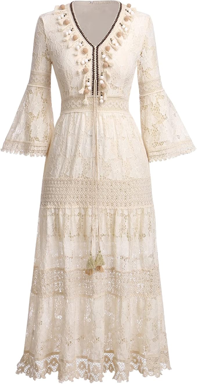 Audrey | Boho Lace Maxi Dress with Bell Sleeves and V Neck