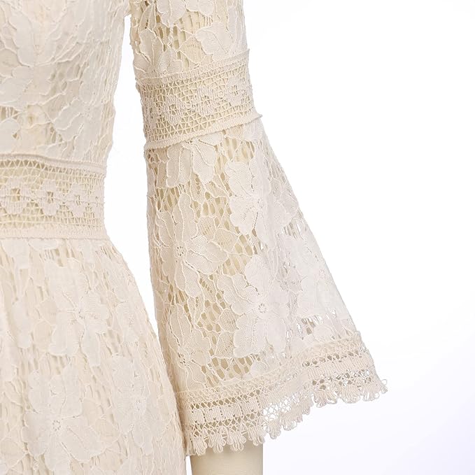 Audrey | Boho Lace Maxi Dress with Bell Sleeves and V Neck