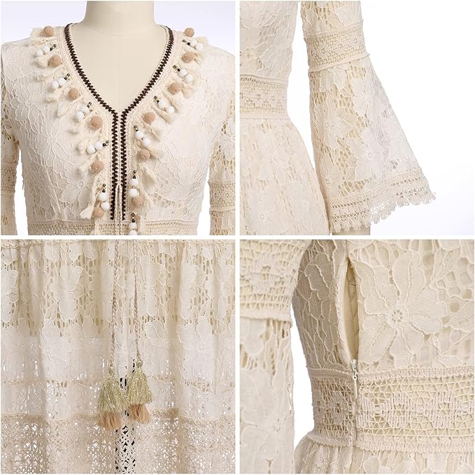 Audrey | Boho Lace Maxi Dress with Bell Sleeves and V Neck