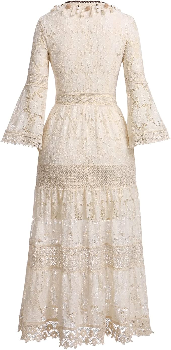 Audrey | Boho Lace Maxi Dress with Bell Sleeves and V Neck