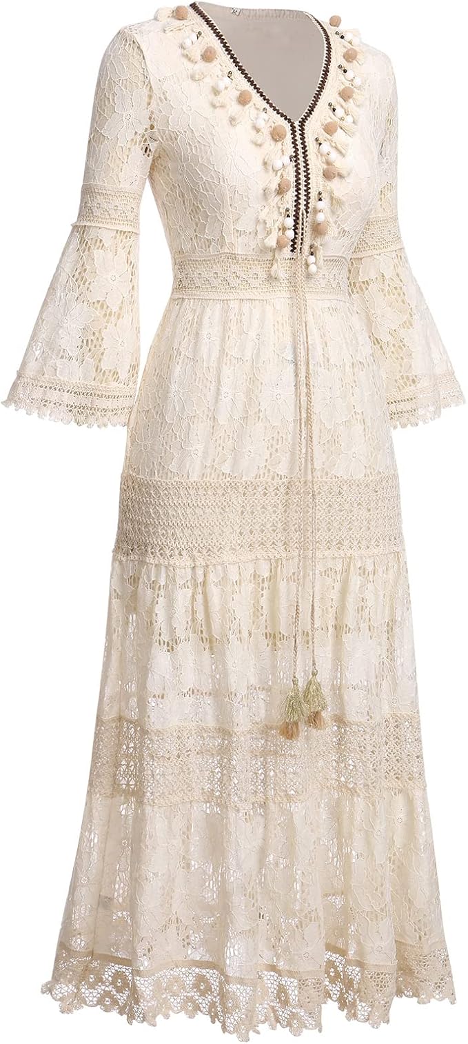Audrey | Boho Lace Maxi Dress with Bell Sleeves and V Neck