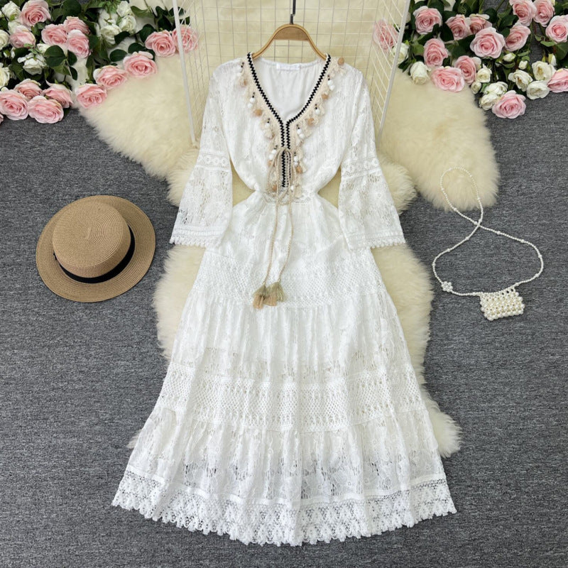 Audrey | Boho Lace Maxi Dress with Bell Sleeves and V Neck