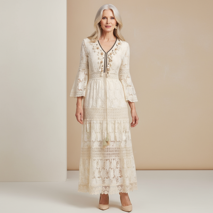 Audrey | Boho Lace Maxi Dress with Bell Sleeves and V Neck