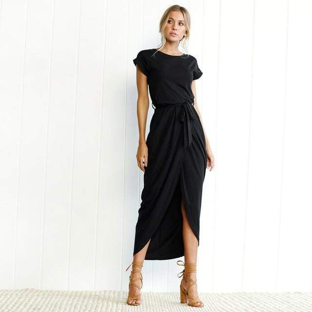 Bernadette | Boho Maxi Dress with Drawstring Waist and Front Slit