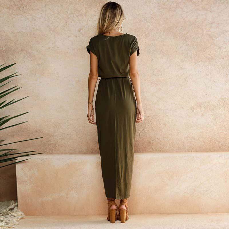 Bernadette | Boho Maxi Dress with Drawstring Waist and Front Slit
