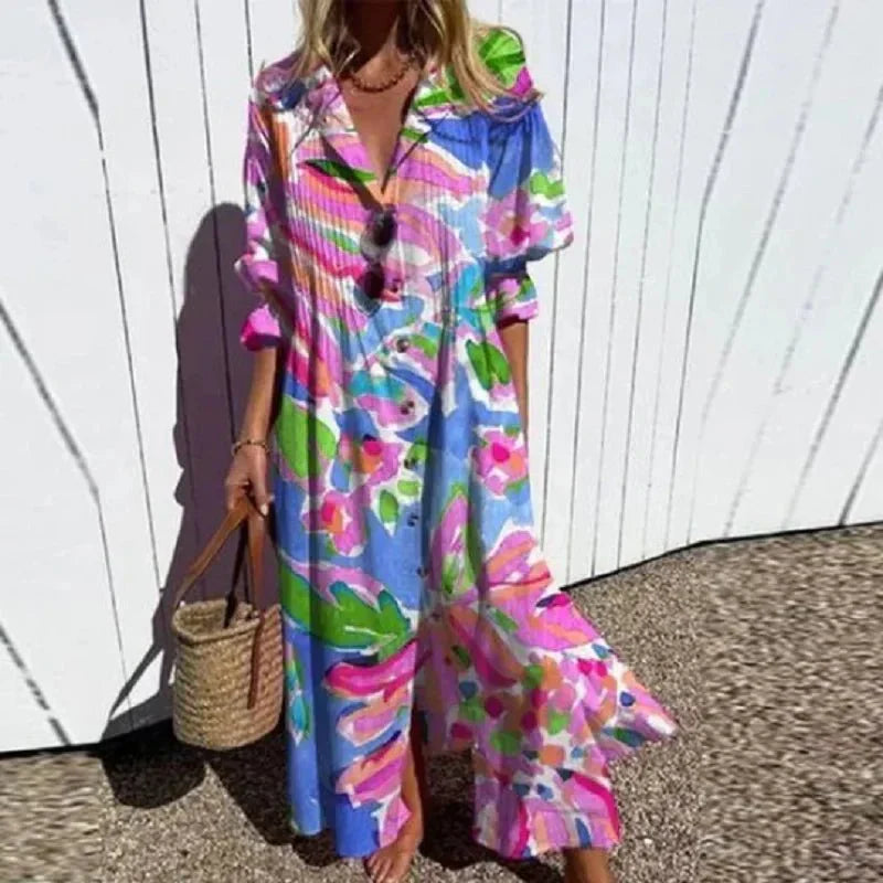 Betty | Boho Floral Maxi Sundress with Deep V Neck and Button Front