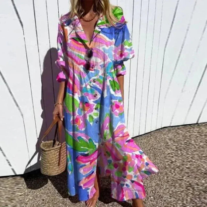 Betty | Boho Floral Maxi Sundress with Deep V Neck and Button Front