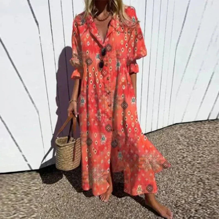 Betty | Boho Floral Maxi Sundress with Deep V Neck and Button Front