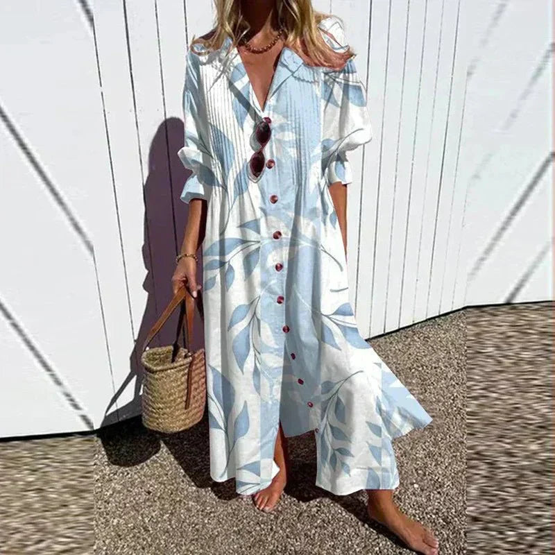 Betty | Boho Floral Maxi Sundress with Deep V Neck and Button Front
