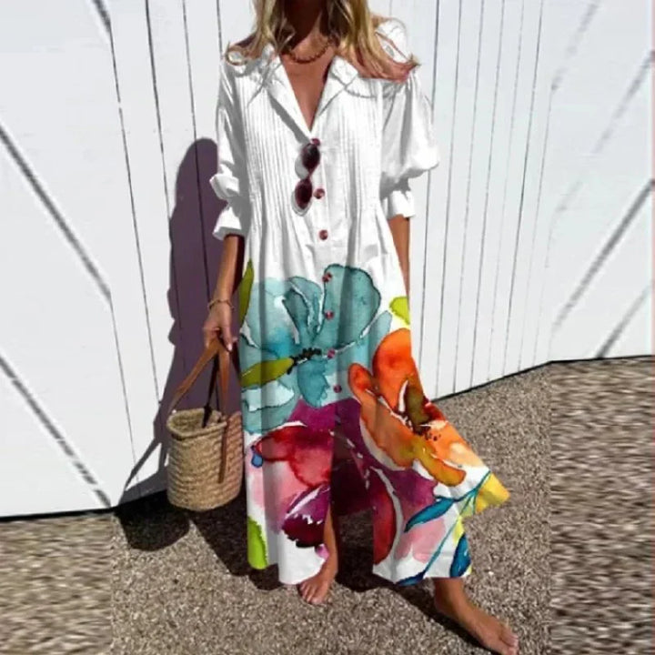 Betty | Boho Floral Maxi Sundress with Deep V Neck and Button Front