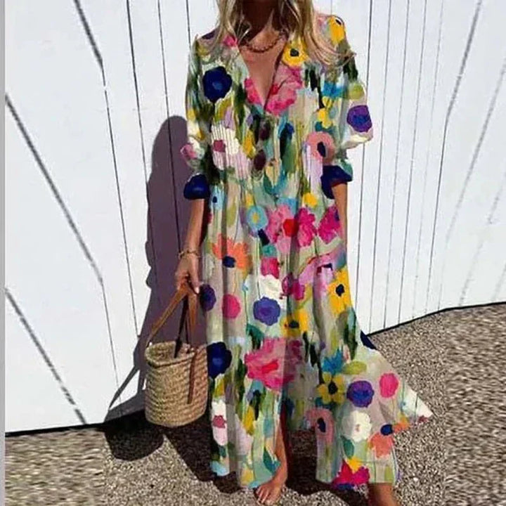Betty | Boho Floral Maxi Sundress with Deep V Neck and Button Front