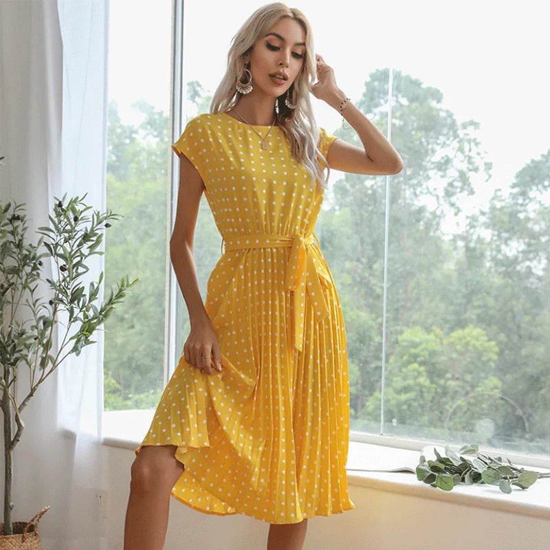 Beverly | Polka Dot Pleated Maxi Dress with Belted Waist and Short Sleeves