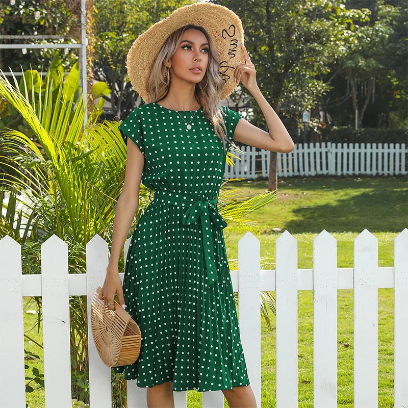 Beverly | Polka Dot Pleated Maxi Dress with Belted Waist and Short Sleeves