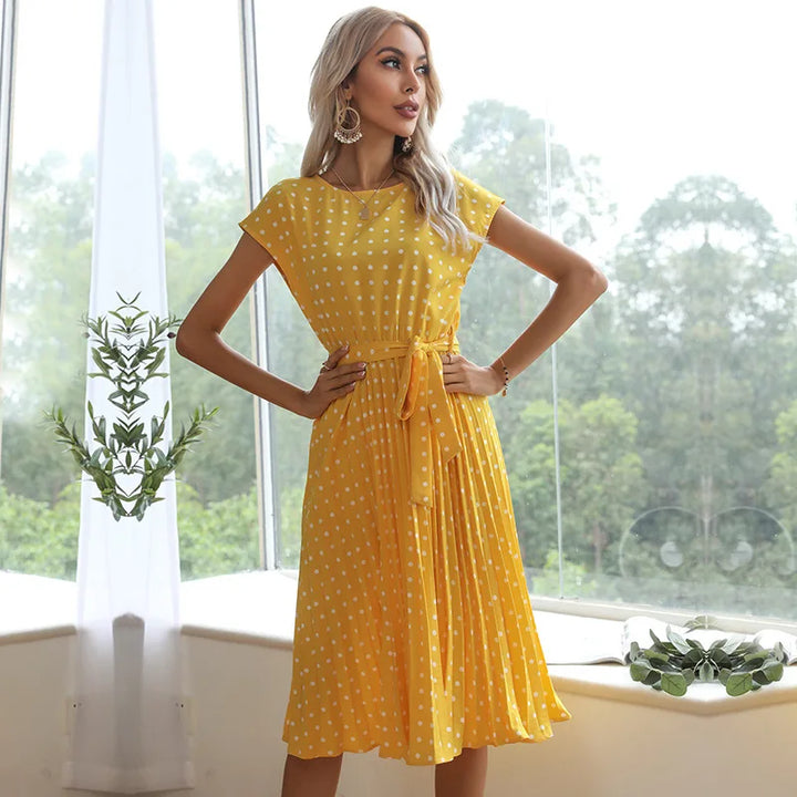 Beverly | Polka Dot Pleated Maxi Dress with Belted Waist and Short Sleeves