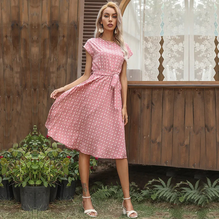 Beverly | Polka Dot Pleated Maxi Dress with Belted Waist and Short Sleeves