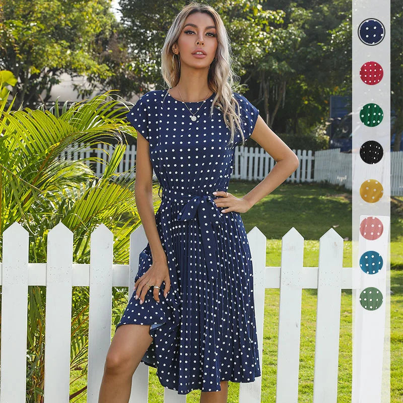 Beverly | Polka Dot Pleated Maxi Dress with Belted Waist and Short Sleeves