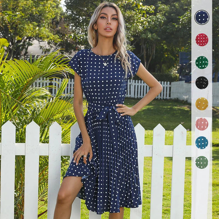 Beverly | Polka Dot Pleated Maxi Dress with Belted Waist and Short Sleeves