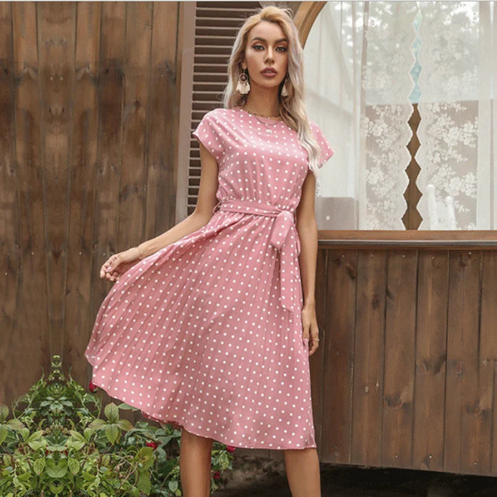 Beverly | Polka Dot Pleated Maxi Dress with Belted Waist and Short Sleeves
