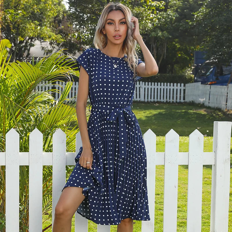 Beverly | Polka Dot Pleated Maxi Dress with Belted Waist and Short Sleeves