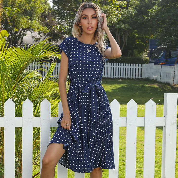 Beverly | Polka Dot Pleated Maxi Dress with Belted Waist and Short Sleeves