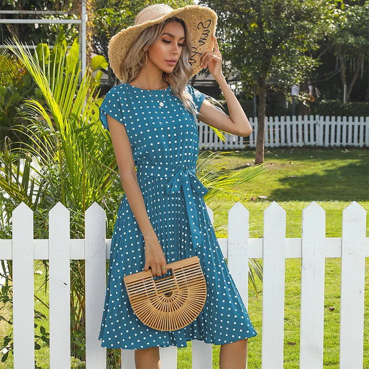 Beverly | Polka Dot Pleated Maxi Dress with Belted Waist and Short Sleeves