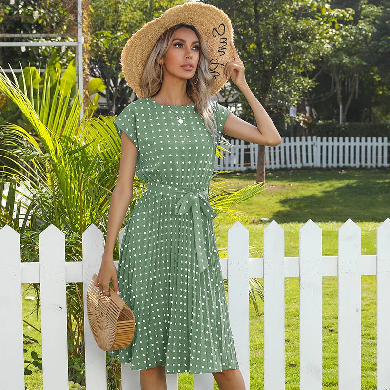Beverly | Polka Dot Pleated Maxi Dress with Belted Waist and Short Sleeves
