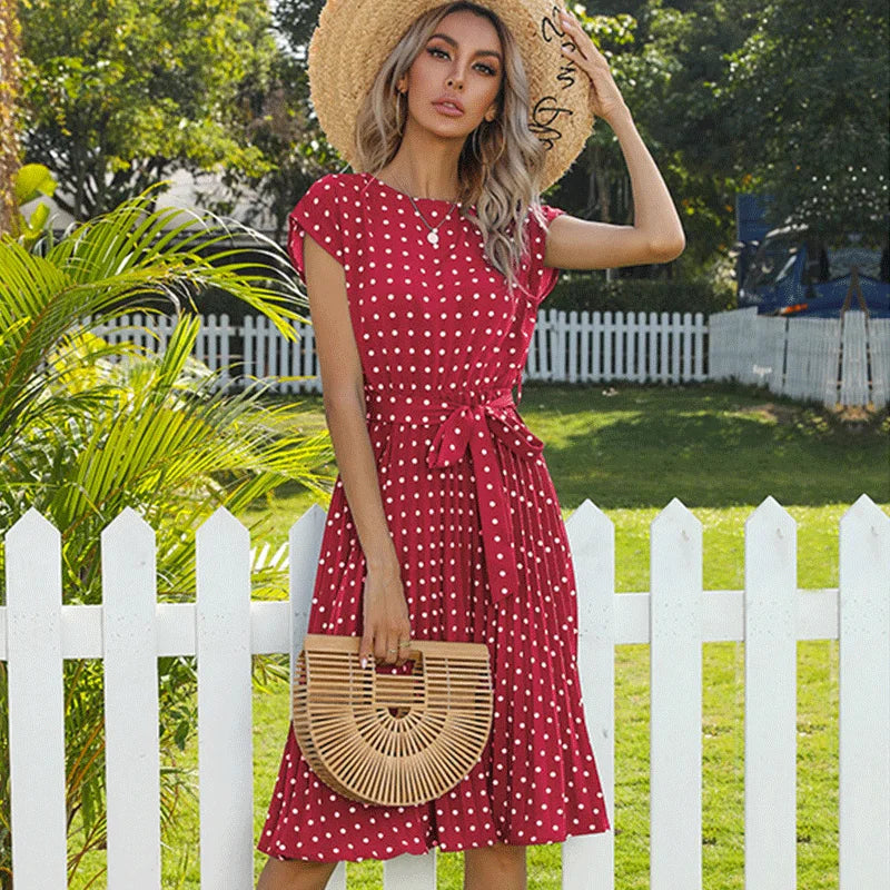Beverly | Polka Dot Pleated Maxi Dress with Belted Waist and Short Sleeves