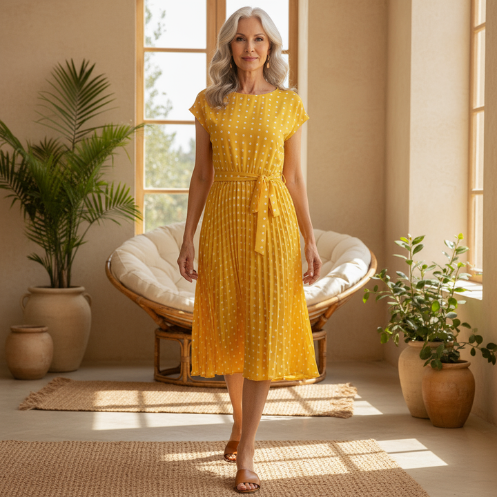Beverly | Polka Dot Pleated Maxi Dress with Belted Waist and Short Sleeves