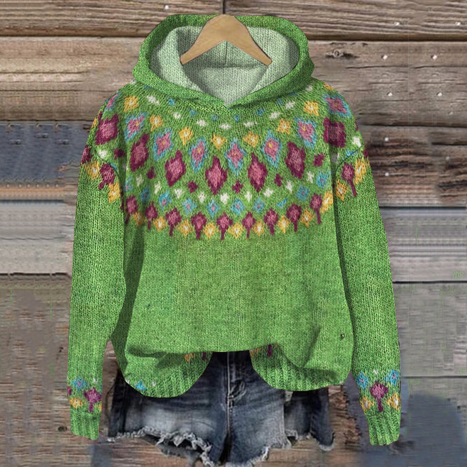 Carolyn | Nordic Fair Isle Knit Hoodie Sweater with Long Sleeves