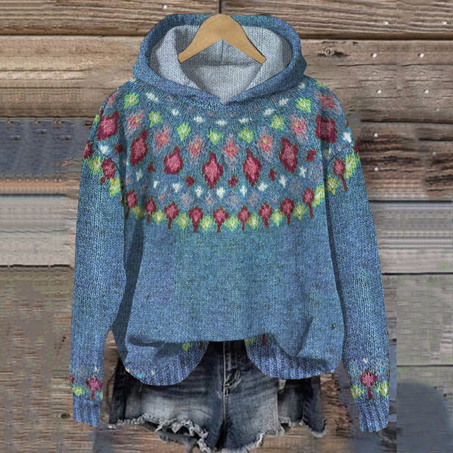Carolyn | Nordic Fair Isle Knit Hoodie Sweater with Long Sleeves