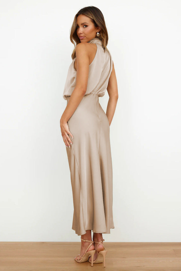 Celeste | Halter Midi Dress with Draped Cowl Neck and Flowy Skirt